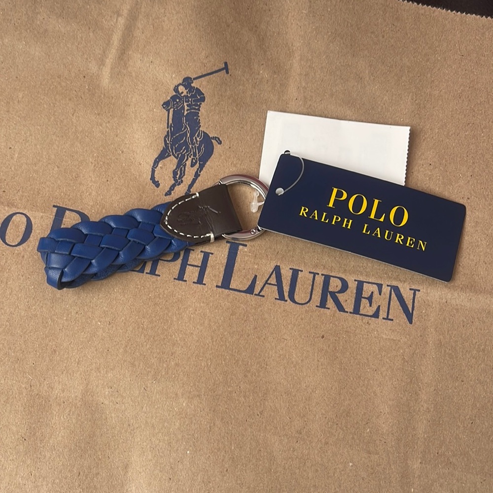Polo Ralph Lauren Unisex Key Ring Holder Fob Blue Woven Leather Brown Keychain
